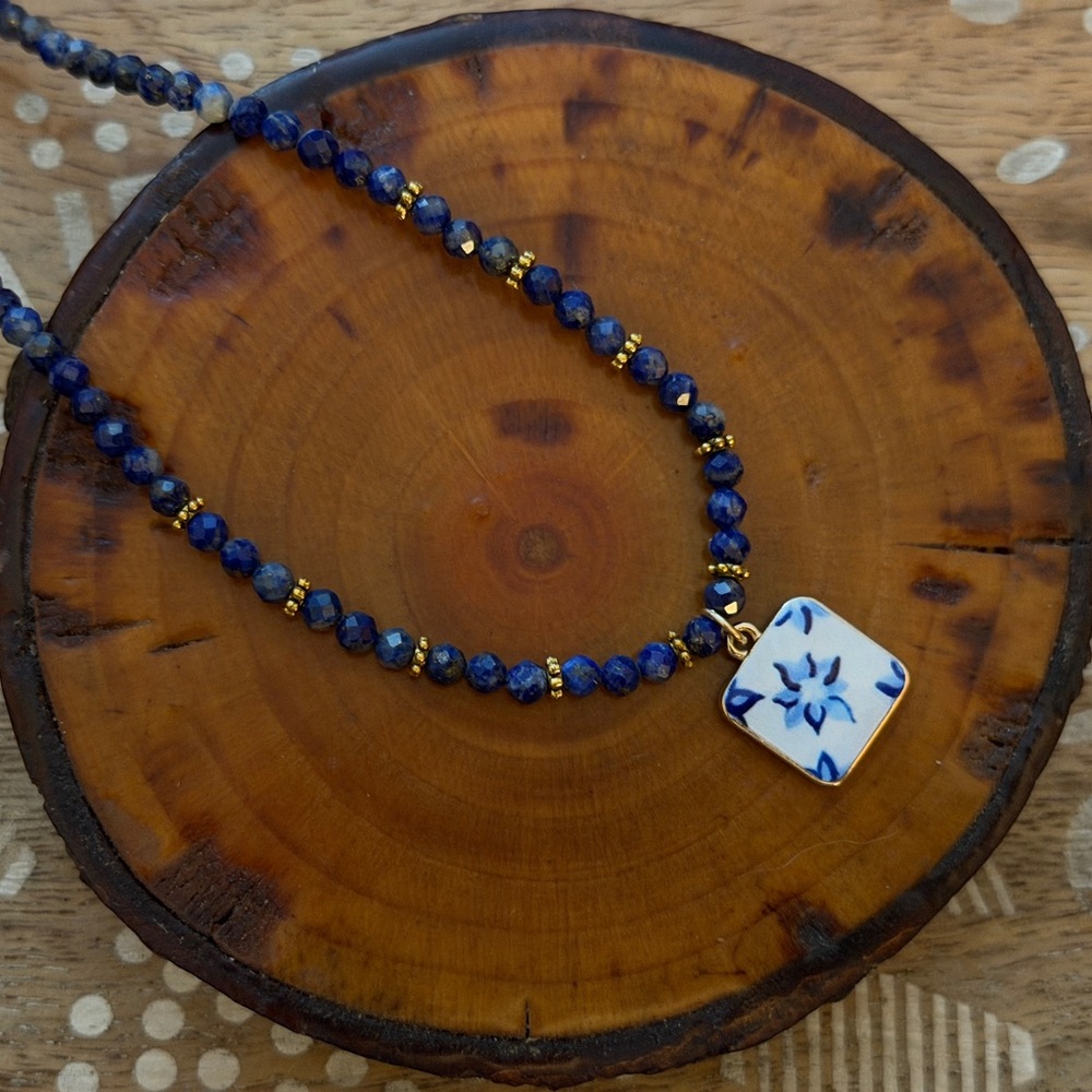 Pretty Lapis Lazuli Beaded Necklace With Square Blue & White Enamel Tile Charm
